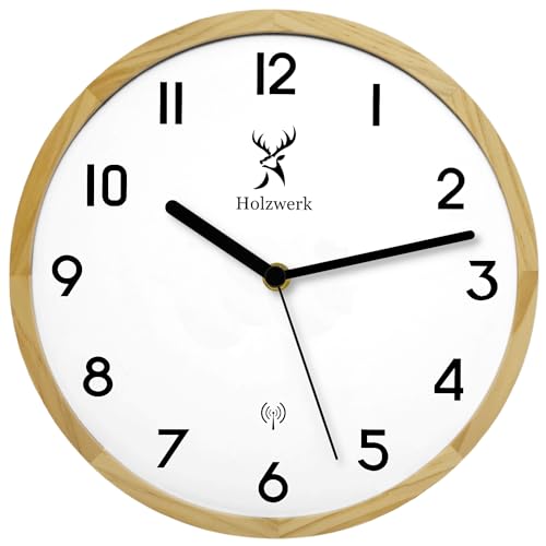 Holzwerk Natur Funkwanduhr Funk Wanduhr Holz-Uhr Vintage Funkuhr lautloses Uhrwerk ohne Tickgeräusche Braun Weiß lautlos aus handgefertigtem Massivholz 25 cm (HW...Buche..) von Holzwerk Germany