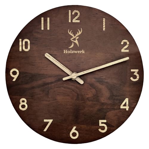 Holzwerk Natur Wanduhr Holz-Uhr Vintage lautloses Uhrwerk ohne Tickgeräusche Braun lautlos aus handgefertigtem Massivholz Natur Holz mit Hirsch Motiv von Holzwerk Germany