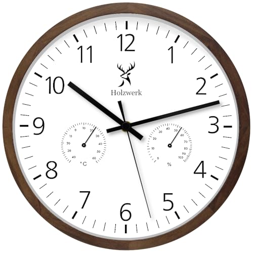 Holzwerk WEGBERG Wanduhr mit Temperaturanzeige und Hygrometer Feuchtigkeitsmesser Holz-Uhr lautloses Uhrwerk ohne Tickgeräusche Braun Buche Weiß lautlos Massivholz Natur Holz 30 cm (.HW.Braun.) von Holzwerk Germany