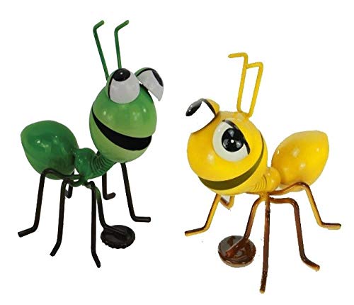 Dekofigur Metall Ameisen mit Magnetfuß , Gartenfigur , Metallfigur , Blechfigur , 7cm x 7.5cm x 8.5cm (Gelb + Grün) von Holzwurm
