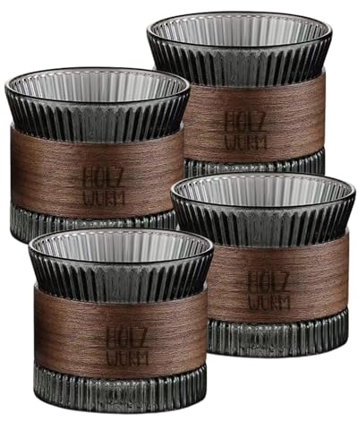 Holzwurm Espressotassen Set Glas 170 ml inkl. Walnuss Holz, Cappuccino Gläser, Teetasse für Tee, Espresso Tassen, Mokka Tassenset für Kaffeeliebhaber (Schwarz, 4er Set) von Holzwurm
