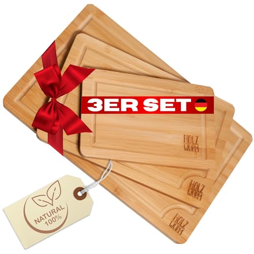 Holzwurm Schneidebrett Holz 3er Set - Holzschneidebrett mit tiefen Saftrillen- Frühstücksbrettchen Holz klingenschonend und einfach zu reinigen von Holzwurm