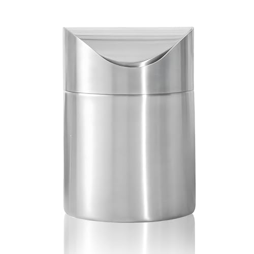 HomDSim Mini-Mülleimer mit Schwingdeckel, Edelstahl, winziger Aufsatz-Mülleimer mit Müllbeuteln, kleiner Schreibtisch-Mülleimer für Büro, Schlafzimmer, Badezimmer, Küche, Auto von HomDSim
