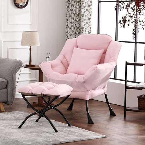 HomEastlly Großer Lazy Chair mit Ottomane, Akzent-Lesesesessel mit Wurfkissen, gemütlicher Lounge-Sessel, Freizeit-Sofa-Stuhl für Wohnzimmer, Schlafzimmer, Schlafsaal, Pfirsichrosa von HomEastlly