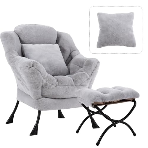 HomEastlly Lazy Chair mit Ottomane, moderner großer Akzent-Loungesessel mit Kissen, Freizeit-Sofa, Sessel, Lesesessel mit Fußstütze für Schlafzimmer, Wohnzimmer, Plüsch, Weißgrau HomEastlly Lazy Chair mit Ottomane, moderner großer Akzent-Loungesessel mit Kissen, Freizeit-Sofa, Sessel, Lesesessel mit Fußstütze für Schlafzimmer, Wohnzimmer, Plüsch, Weißgrau von HomEastlly