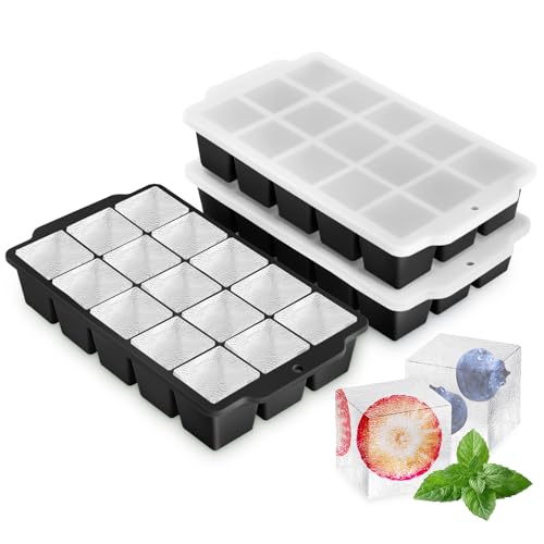 3 Pack Silikon-Eiswürfelschalen, Easy Release 45 quadratische Eiswürfelschalen für Cocktail Whisky, stapelbarer Eiswürfelbereiter für Gefrierschrank mit auslaufsicherem abnehmbarem Deckel von Homagical