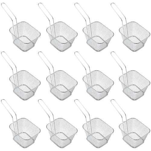 12 Stück Mini-Frittierkörbe, kleine Frittierhalter für Fritteuse, Edelstahl, quadratische Lebensmittelkörbe mit langem Griff für Küche, Restaurant, Bar, leicht zu reinigen, ideal für Snacks und Pommes von Homaisson