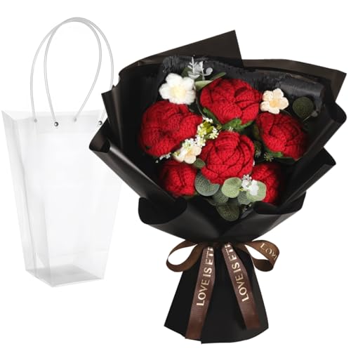 Homaisson Häkelblumenstrauß mit Geschenkbeutel, Handgefertigtes Polyester-Strick-Blumenarrangement, künstliche Rose mit grünen Blättern und Bändern, Geschenke für Muttertag Valentinstag Geburtstag Homaisson Häkelblumenstrauß mit Geschenkbeutel, Handgefertigtes Polyester-Strick-Blumenarrangement, künstliche Rose mit grünen Blättern und Bändern, Geschenke für Muttertag Valentinstag Geburtstag von Homaisson