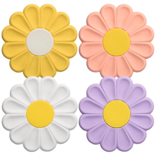 Silikon Topfuntersetzer Set 4 Stück Hitzebeständige Silikon Untersetzer für heiße Gerichte Gänseblümchen Blumen Design in Weiß Gelb Rosa Lila Rutschfeste Waschbare Pads für Schalen Tassen Töpfe von Homaisson