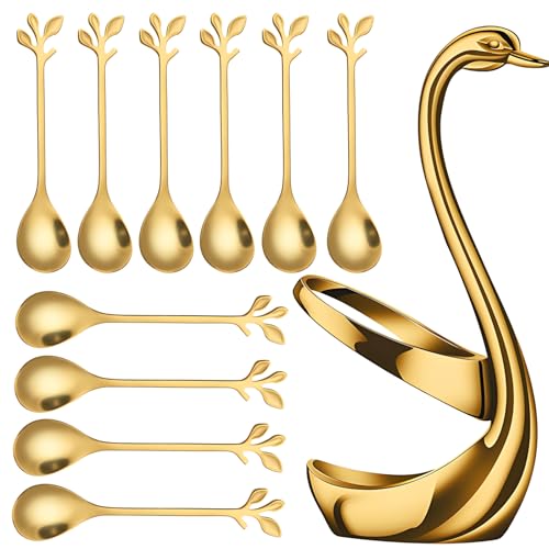 Swan Fruit Pick Cup Set, Gold Edelstahl Dessertlöffel mit 10 Gabeln, eleganter Schwanenförmiger Ständer, kreative Baumzweiggriffe, ideal für Obst und Süßigkeiten, perfekt für Partys und Versammlungen von Homaisson