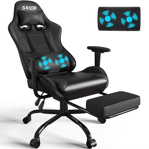 Homall Gaming Stuhl mit Massage Lendenkissen, Rücken und Sitz höhenverstellbar , Erwachsene mit Fußstütze und Kopfstütze, Tragfähigkeit 150kg. Geeignet für Büro und Zuhause von Homall