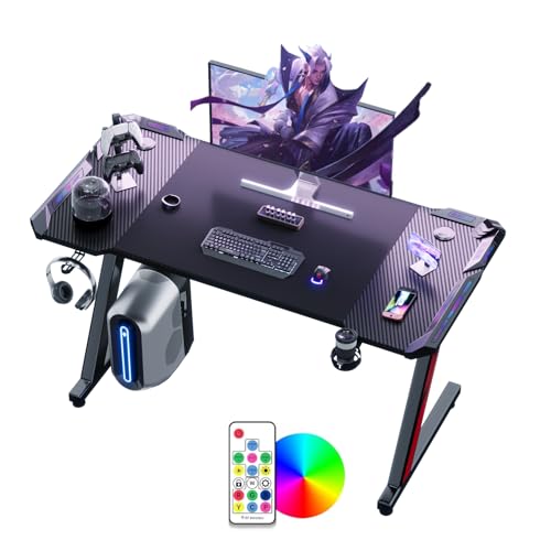 Homall Gaming Tisch Mit Led 140x60 cm,Ergonomischer Gaming Desk mit Z-Gestell-Design, Gaming Schreibtisch mit Becherhaltern, Kopfhörerhaken, Geeignet Für Büro und Spiele, Schwarz von Homall