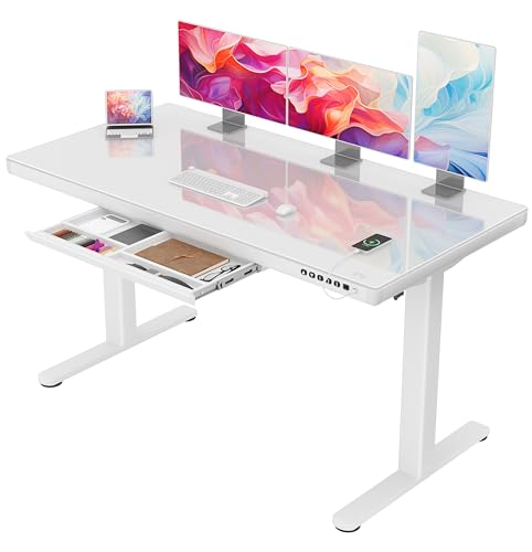 Homall Glas Höhenverstellbarer Schreibtisch, 140 x 70 cm Elektrischer Höhenverstellbarer Schreibtisch mit Schublade, Sitz- und Steh-Schreibtisch für Home Office, weiß von Homall