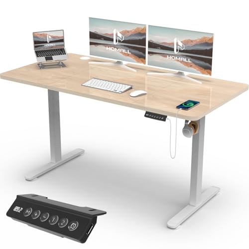 Homall Höhenverstellbarer Schreibtisch mit USB-Buchse 140x60 cm, Computer Stehschreibtisch, Ergonomischer Homeoffice-Tisch (140x60cm, Beige) von Homall