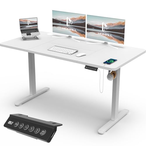 Homall Höhenverstellbarer Schreibtisch mit USB-Buchse 140x60 cm, Computer Stehschreibtisch, Ergonomischer Homeoffice-Tisch (140x60cm, Weiß) von Homall