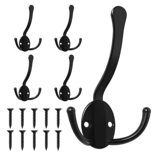 Homanu 5 Stück Kleiderhaken, robust, Metall, drei Zinken, große Kleiderhaken, Wandmontage mit 10 Schrauben, kein Rost, schwarz, rustikale Wandhaken zum Aufhängen von Handtuch, Mantel, Schal, Tasche von Homanu