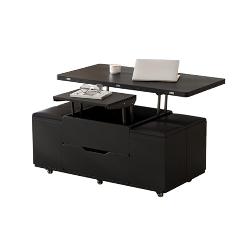 Homary Couchtisch Höhenverstellbar, Wohnzimmertisch mit Schublade, 3-in-1-Multifunktions-Couchtisch Umwandelbar in Wohnzimmer-Esstisch Arbeitstisch mit 4 Hockern und Feststellbaren Rollen (Schwarz) von Homary