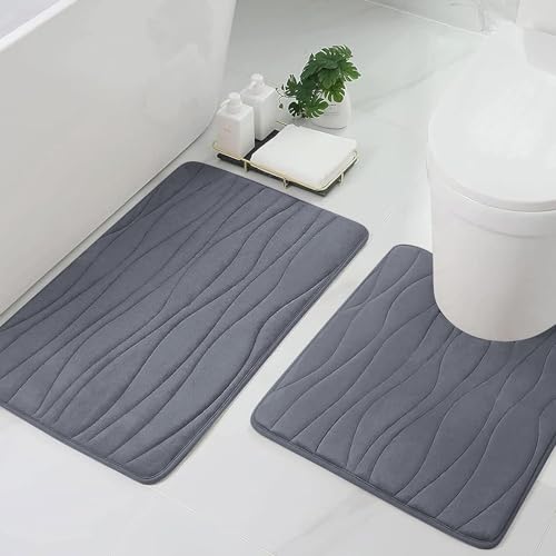 Homaxy Badematten Set 2 teilig Memory Foam Badezimmerteppich WC Vorleger mit Ausschnitt Set Saugfähige rutschfeste Badteppich Set Waschbar Badvorleger Set 2teilig, Dunkelgrau von Homaxy