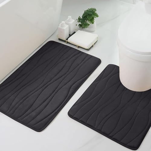Homaxy Badematten Set 2 teilig Memory Foam Badezimmerteppich WC Vorleger mit Ausschnitt Set Saugfähige rutschfeste Badteppich Set Waschbar Badvorleger Set 2teilig, Schwarz von Homaxy
