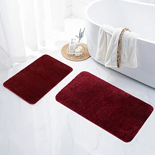 Homaxy Badezimmerteppich Set 2 teilig Badematte rutschfest Waschbar Weiche Hochflor Badteppich Flauschige Mikrofaser Badvorleger Set – 41 x 61 cm + 51 x 76 cm, Weinrot von Homaxy