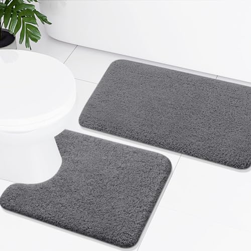 Homaxy Badezimmerteppich Set 2 teilig WC Vorleger mit Ausschnitt Set Badematte rutschfest Waschbar Hochflor Badteppich Mikrofaser Badvorleger Set – 50 x 60 cm + 51 x 76 cm, Grau von Homaxy