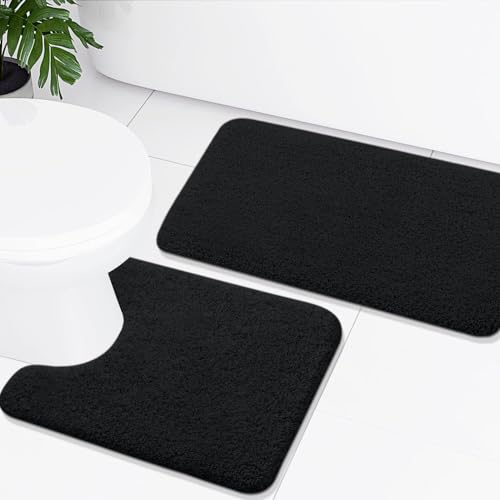 Homaxy Badezimmerteppich Set 2 teilig WC Vorleger mit Ausschnitt Set Badematte rutschfest Waschbar Hochflor Badteppich Mikrofaser Badvorleger Set – 50 x 60 cm + 51 x 76 cm, Schwarz von Homaxy