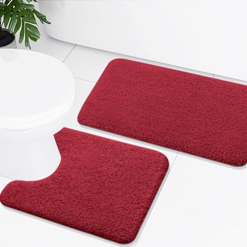 Homaxy Badezimmerteppich Set 2 teilig WC Vorleger mit Ausschnitt Set Badematte rutschfest Waschbar Hochflor Badteppich Mikrofaser Badvorleger Set – 50 x 60 cm + 51 x 76 cm, Weinrot von Homaxy