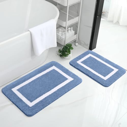 Homaxy Badezimmerteppich Set rutschfest Badematten Set 2 teilig Weiche Mikrofaser Flauschige Badteppich Badvorleger Set 2 teilig – 40 x 60 cm+ 50 x 80 cm, Blau von Homaxy