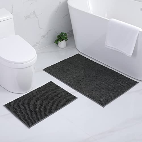 Homaxy Chenille Badezimmerteppich Set 2 teilig rutschfeste Badematte Set Weich Saugfähige Badteppich Waschbar Badvorleger - 40x60 cm+60x90 cm, Dunkelgrau von Homaxy