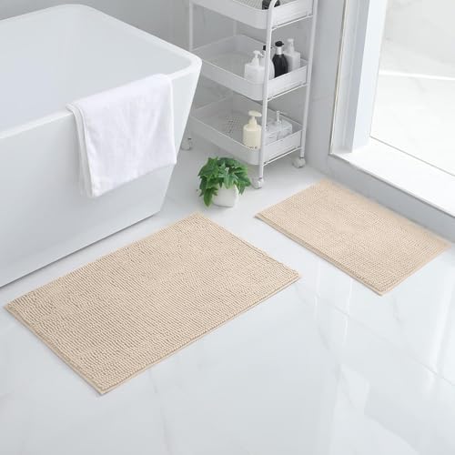 Homaxy Chenille Badezimmerteppich Set 2 teilig rutschfeste Badematte Set Weich Saugfähige Badteppich Set Waschbar Badvorleger - 40x60 cm+50x80 cm, Beige von Homaxy