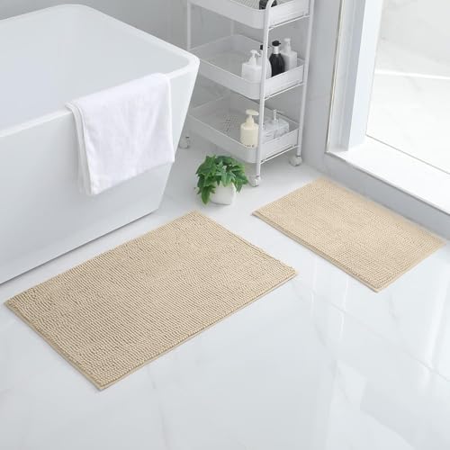 Homaxy Chenille Badezimmerteppich Set 2 teilig rutschfeste Badematte Set Weich Saugfähige Badteppich Set Waschbar Badvorleger - 40x60 cm+50x80 cm, Dunkelbeige von Homaxy