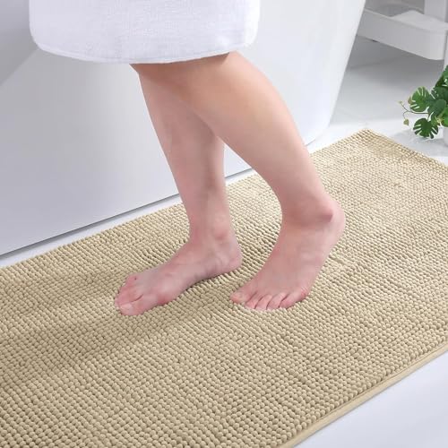 Homaxy Chenille Badezimmerteppich rutschfeste Badematte Waschbar Badteppich Weich Badvorleger Saugfähige Duschvorleger für Badezimmer - 60x90 cm, Beige von Homaxy