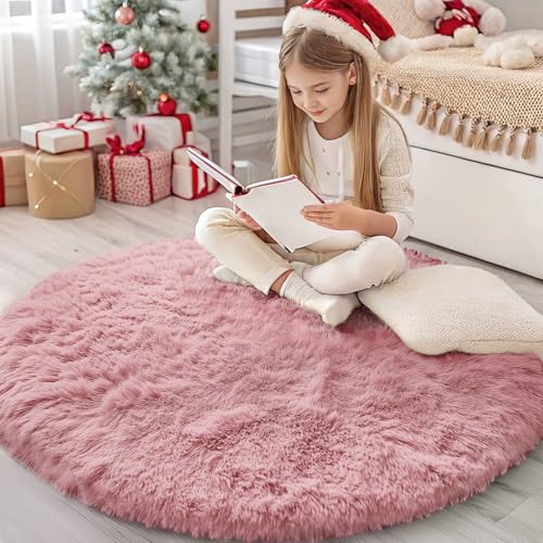 Homaxy Hochflor Flauschig Teppich Anti-Rutsch Unterseite Waschbar Groß Teppiche Mädchen fürs Wohnzimmer, Kinderzimmer, Schlafzimmer - 160 cm Rund, Rosa von Homaxy
