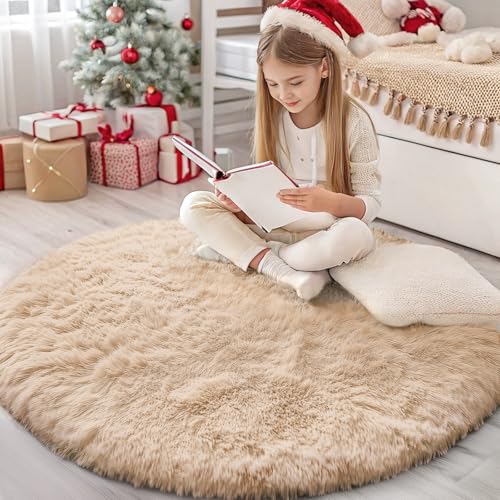 Homaxy Hochflor Flauschig Teppich Anti-Rutsch Unterseite Waschbar Groß Teppiche fürs Wohnzimmer, Kinderzimmer, Schlafzimmer - 160 cm Rund, Beige von Homaxy