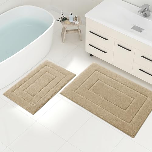 Homaxy Mikrofaser Badezimmerteppich Set 2 teilig rutschfest Waschbar Badematte Set Weiche Badteppich Set Wasserabsorbierend Badvorleger für Badezimmer - 40x60 cm+50x76 cm,Beige von Homaxy