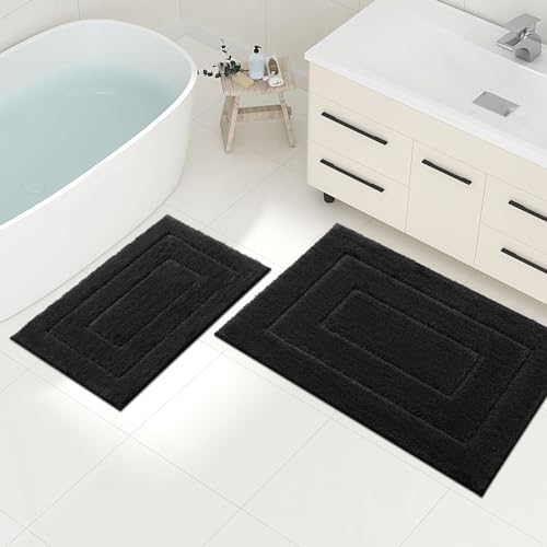 Homaxy Mikrofaser Badezimmerteppich Set 2 teilig rutschfest Waschbar Badematte Set Weiche Badteppich Set Wasserabsorbierend Badvorleger für Badezimmer - 40x60 cm+50x76 cm,Schwarz von Homaxy