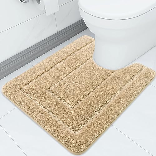 Homaxy Mikrofaser Badezimmerteppich rutschfeste Weiches Vorleger Toilette mit Ausschnitt 50 x 60 cm, Saugfähig Badematte Stand WC, Waschbar Badteppich für WC,Beige von Homaxy