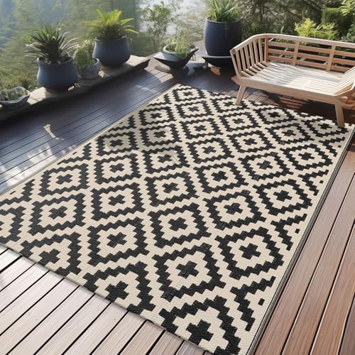 Homaxy Outdoor Teppich Wetterfest, Kunststoff Stroh UV-beständig Wendbar Faltbar Waschbar Balkon Garten Teppich für Terrasse Camping Picknick (120 x 180 cm, Schwarz & Beige) von Homaxy