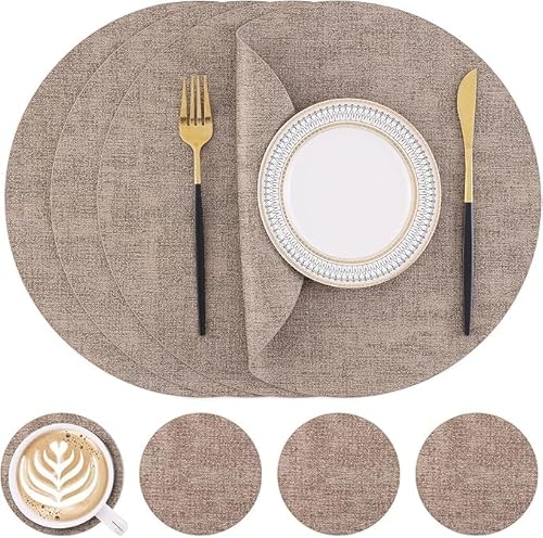 Homaxy Tischsets Abwaschbar, Rund Ø 33cm Doppelseitig Abwischbar Wasserdicht rutschfest Platzset, Kunstleder Hitzebeständige Platzdeckchen mit Untersetzer (4er Set, Braun) von Homaxy