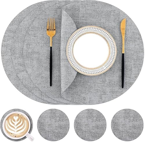 Homaxy Tischsets Abwaschbar, Rund Ø 33cm Doppelseitig Abwischbar Wasserdicht rutschfest Platzset, Kunstleder Hitzebeständige Platzdeckchen mit Untersetzer (4er Set, Hellgrau) von Homaxy