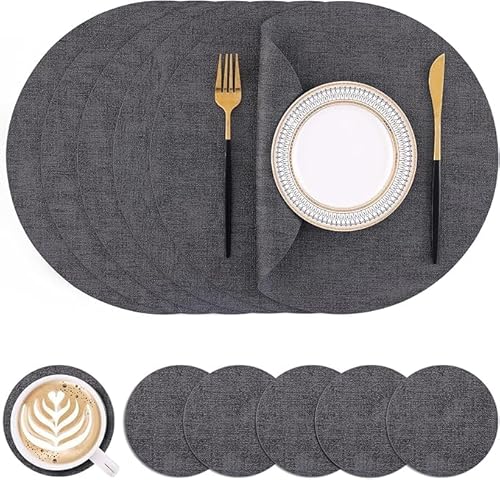 Homaxy Tischsets Abwaschbar, Rund Ø 33cm Doppelseitig Abwischbar Wasserdicht rutschfest Platzset, Kunstleder Hitzebeständige Platzdeckchen mit Untersetzer (6er Set, Dunkelgrau) von Homaxy
