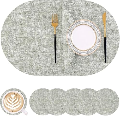 Homaxy Tischsets Abwaschbar, Rund Ø 33cm Doppelseitig Abwischbar Wasserdicht rutschfest Platzset, Kunstleder Hitzebeständige Platzdeckchen mit Untersetzer (6er Set, Grün) von Homaxy