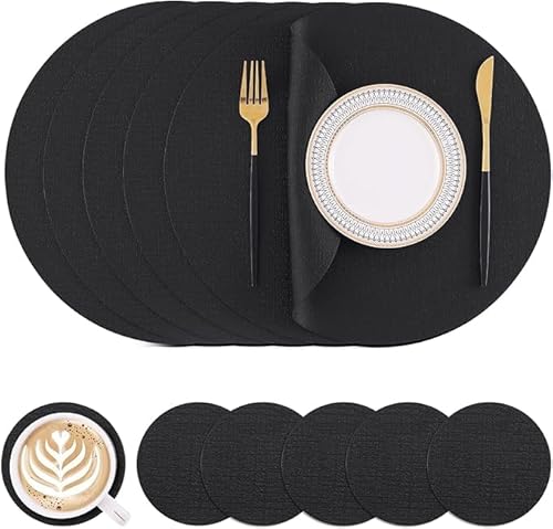 Homaxy Tischsets Abwaschbar, Rund Ø 33cm Doppelseitig Abwischbar Wasserdicht rutschfest Platzset, Kunstleder Hitzebeständige Platzdeckchen mit Untersetzer (6er Set, Schwarz) von Homaxy