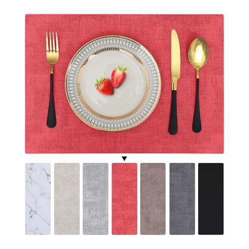 Homaxy Tischsets Abwaschbar 4er Set, Wasserdicht Tischset, Platzsets Abwischbar Doppelseitigen, Platzset Leder, rutschfest Platzdeckchen, Schön Tischuntersetzer, Rot von Homaxy