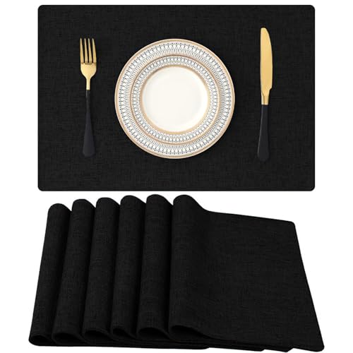 Homaxy Tischsets Abwaschbar 6er Set, Platzsets Abwischbar Leinen Hitzebeständig Platzdeckchen rutschfest Doppelseitigen Tischuntersetzer Tischsets Stoff, Schwarz von Homaxy