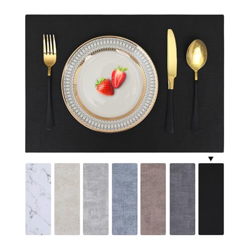 Homaxy Tischsets Abwaschbar 6er Set, Wasserdicht Tischset, Platzsets Abwischbar Doppelseitigen, Platzset Leder, rutschfest Platzdeckchen, Schön Tischuntersetzer, Schwarz von Homaxy