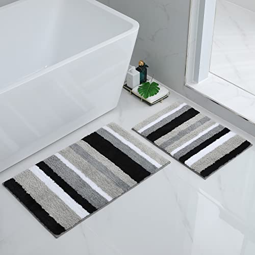 Homaxy rutschfest Badematten Set 2 teilig Mikrofaser Saugfähige Badteppich Set Weich Hochflor Badvorleger Set –40 x 60 cm + 50 x 80 cm, Schwarz/Grau von Homaxy