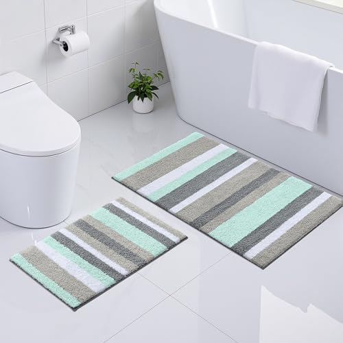Homaxy rutschfest Badematten Set 2 teilig Mikrofaser Saugfähige Badteppich Weich Hochflor Badvorleger Set –40 x 60 cm + 60 x 90 cm, Grün/Grau von Homaxy