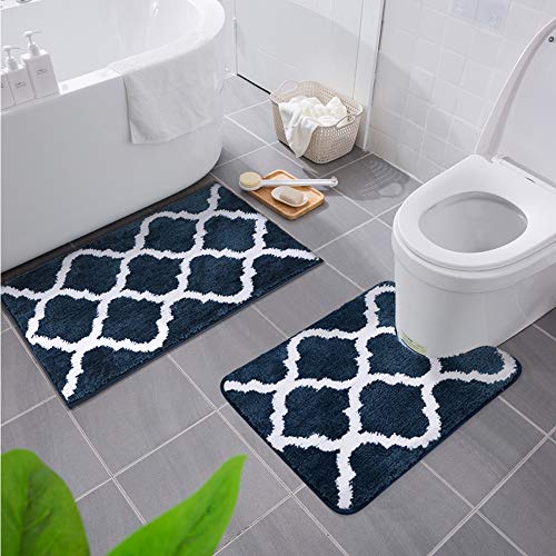 Homaxy rutschfest Badematten Set 2 teilig Weich Hochflor Bad WC Badezimmerteppich Set Mikrofaser Badvorleger Set 2teilig –Marine Blau von Homaxy