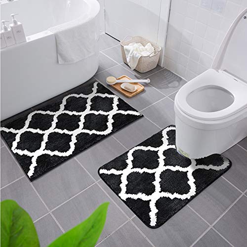 Homaxy rutschfest Badematten Set 2 teilig Weich Hochflor Bad WC Badezimmerteppich Set Mikrofaser Badvorleger Set 2teilig -Schwarz von Homaxy